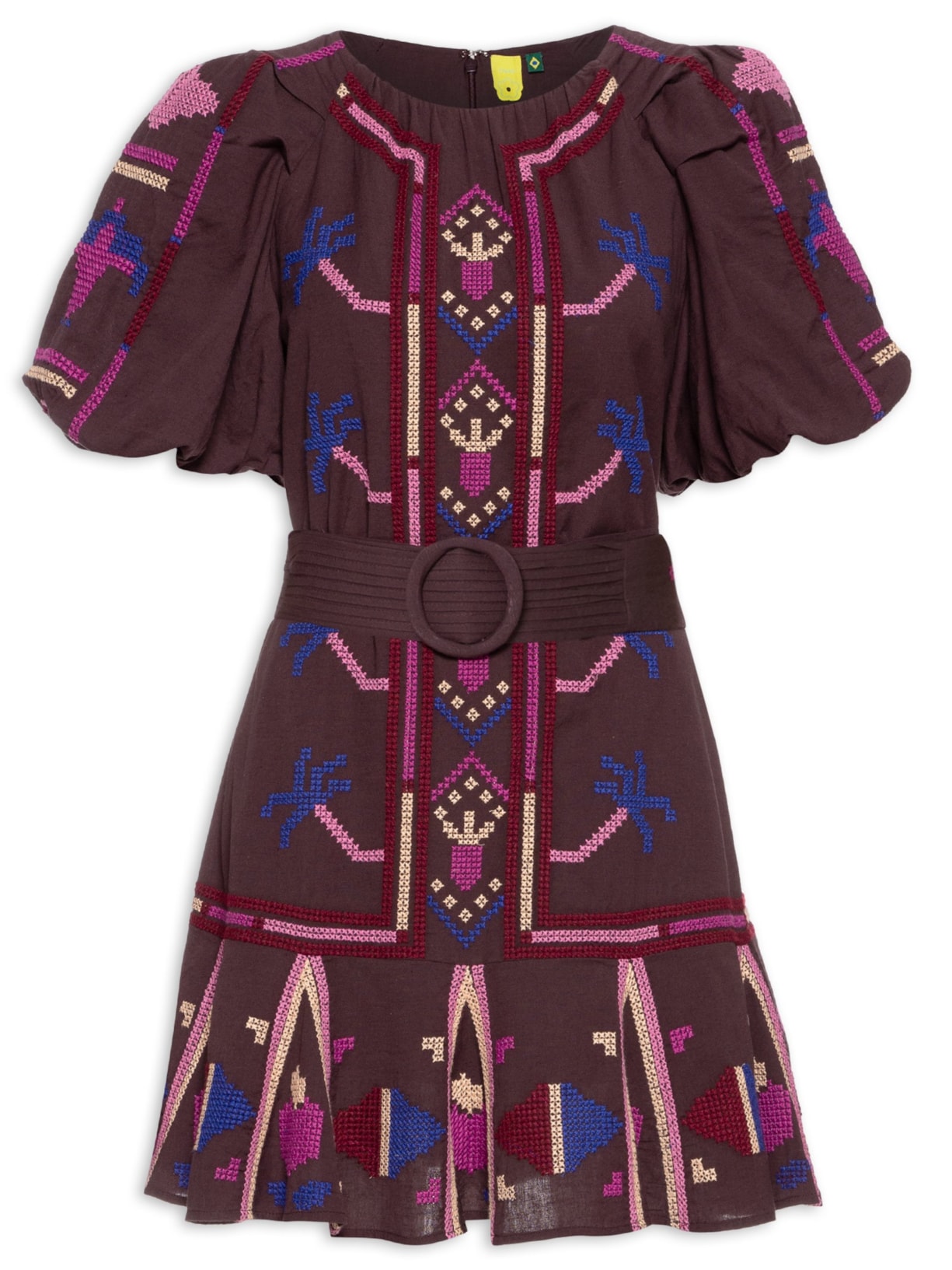 Vestido Curto Bordado Esplendor Tropical - Marrom