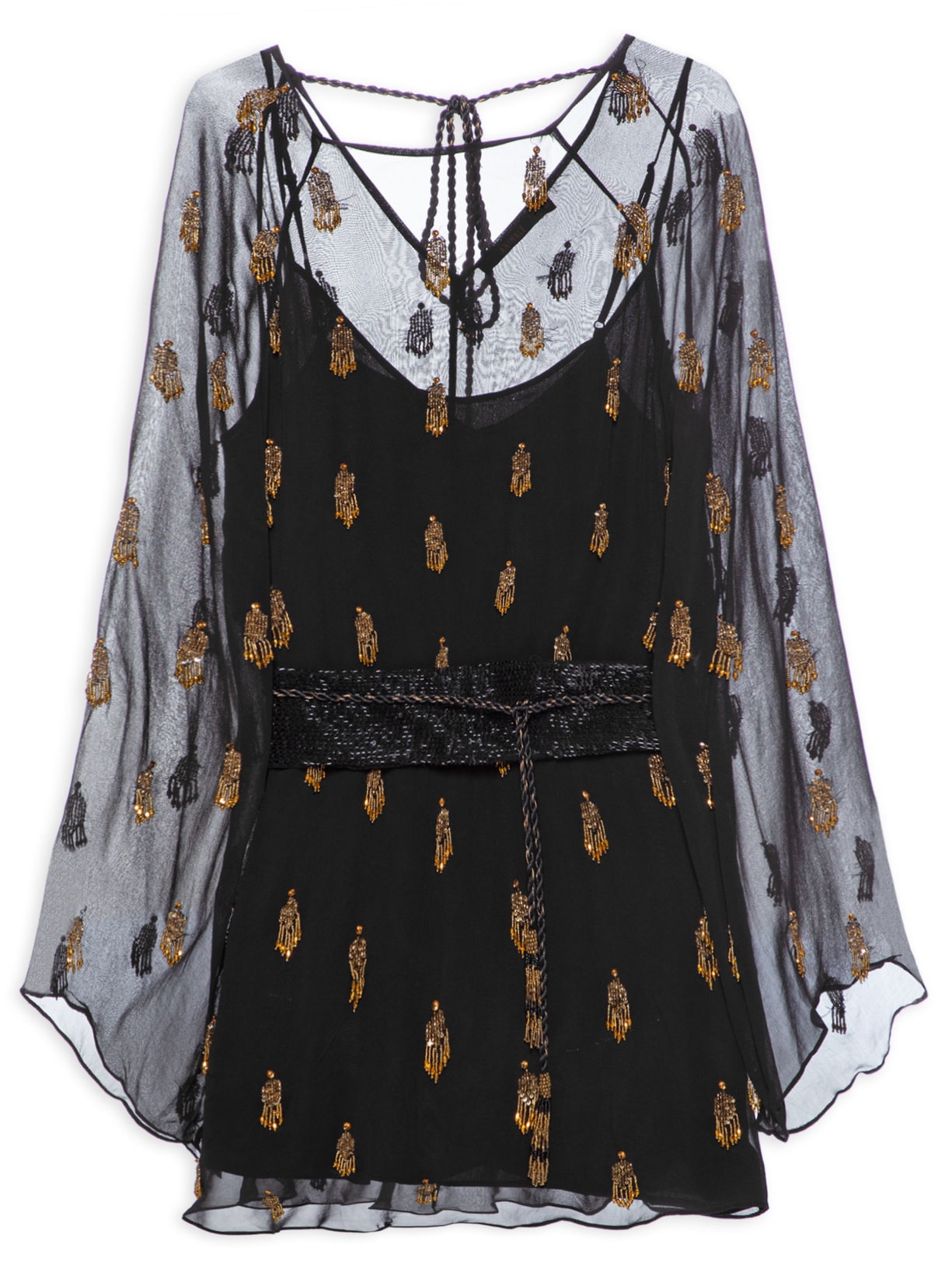 Vestido Curto Bordado Gold Fan - Preto