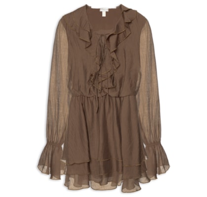 Vestido Curto com Babados - Marrom