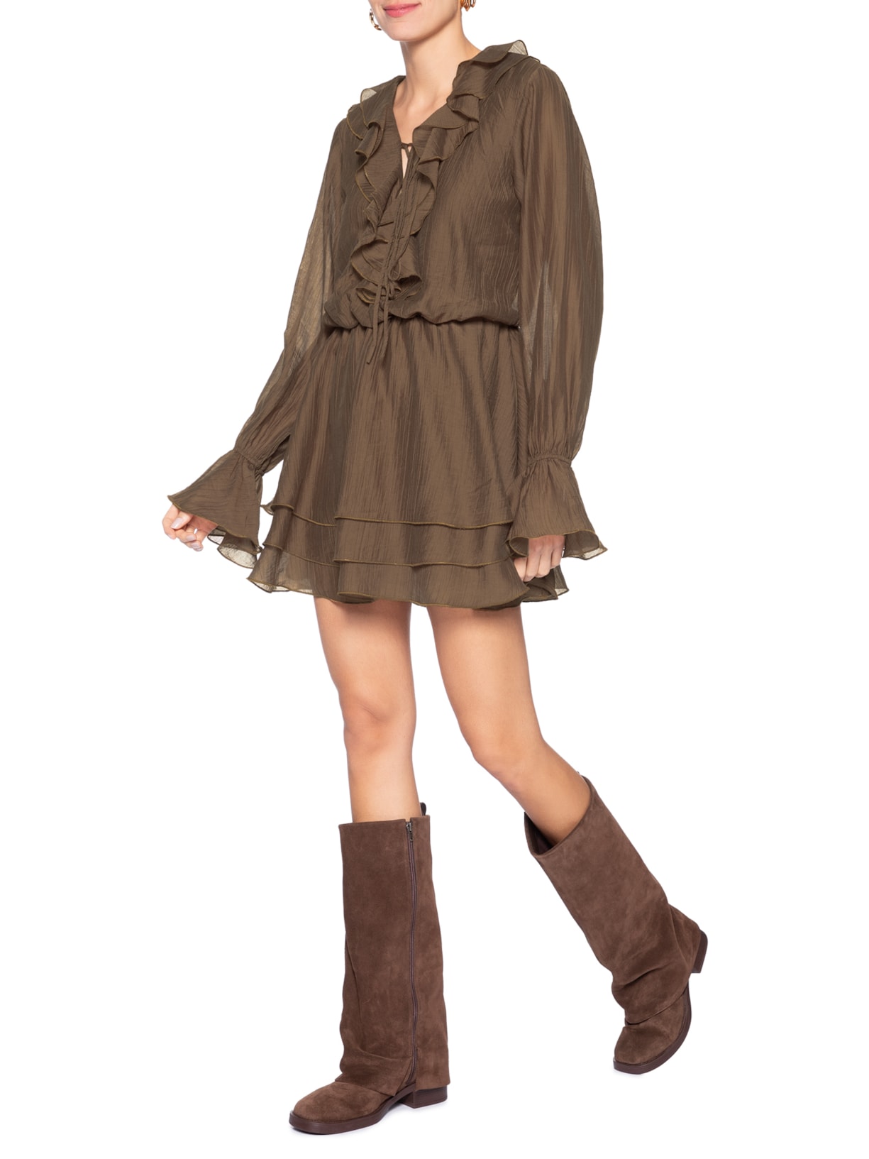 Vestido Curto com Babados Marrom Market 33