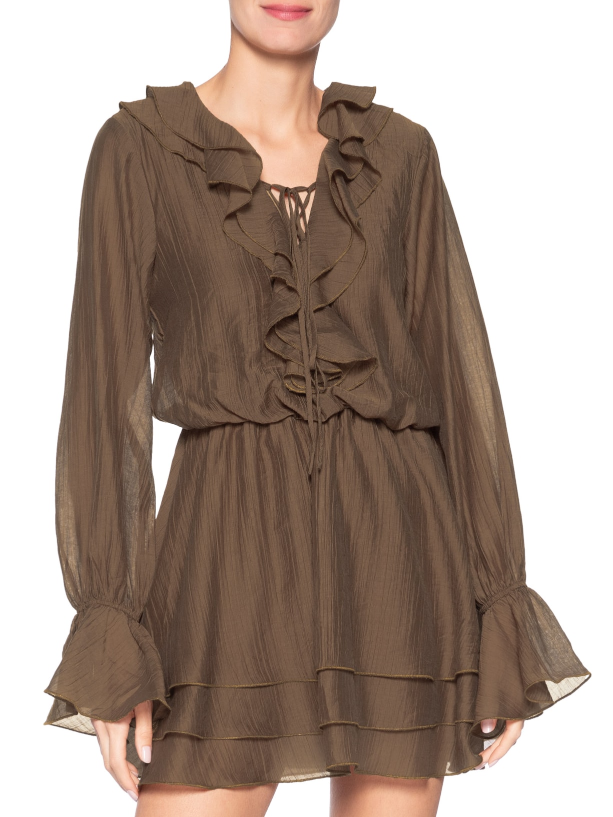Vestido Curto com Babados Marrom Market 33