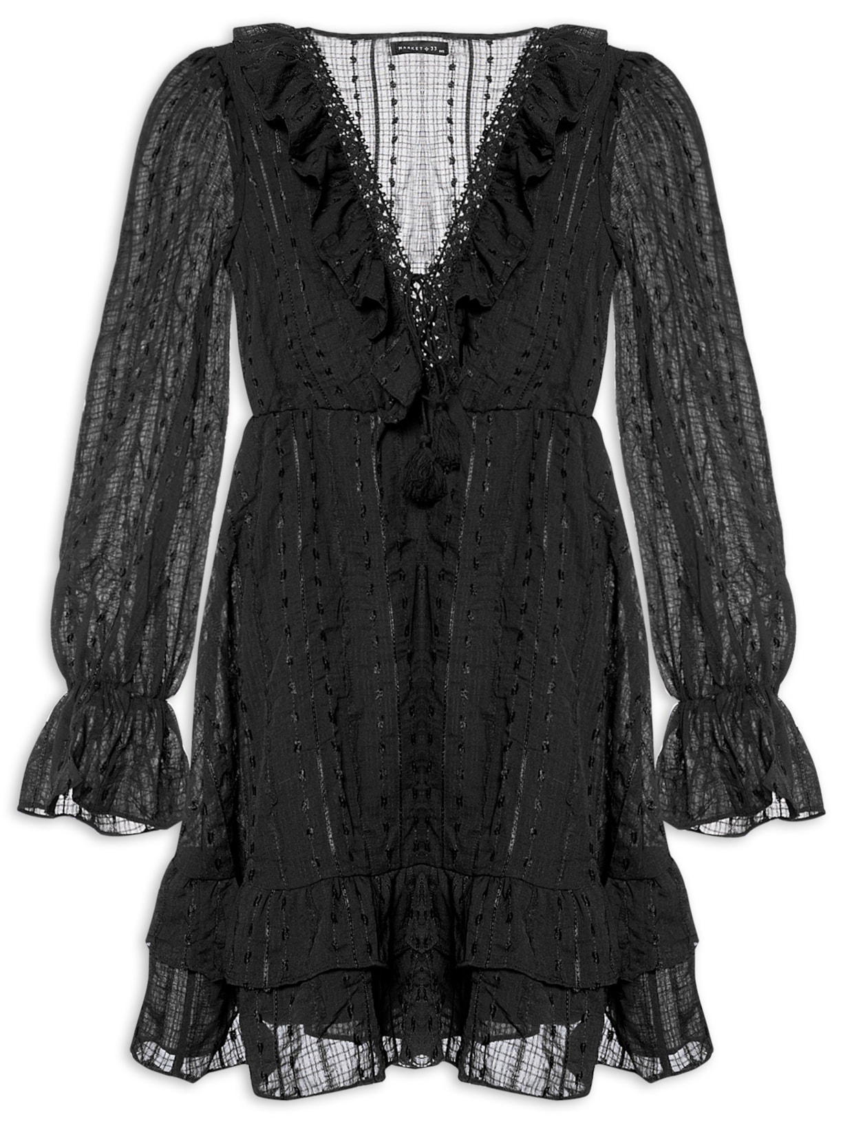 Vestido Curto Com Babados - Preto