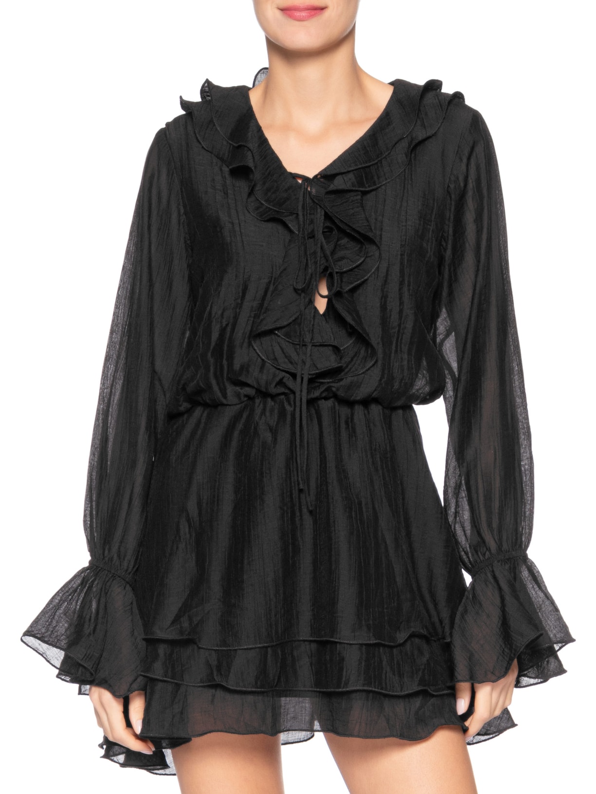 Vestido Curto com Babados Preto Market 33