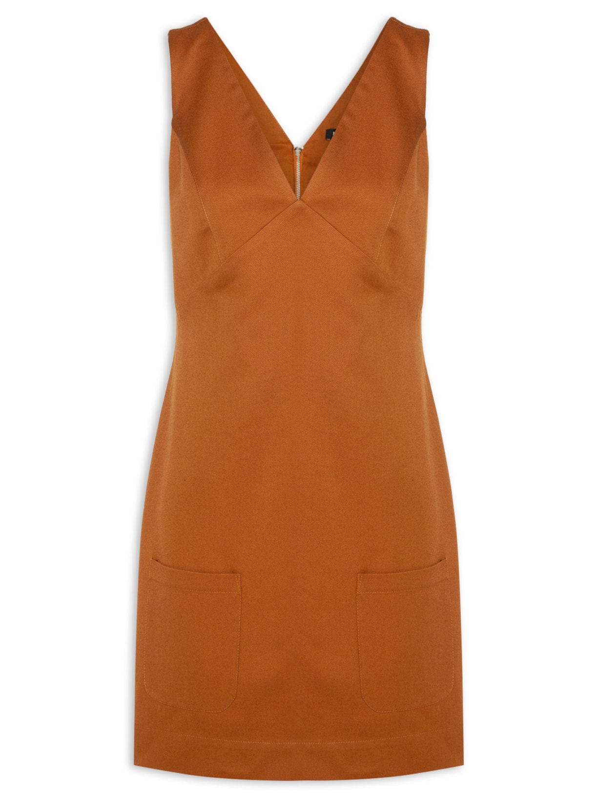 Vestido Curto Com Bolsos Frontais - Marrom