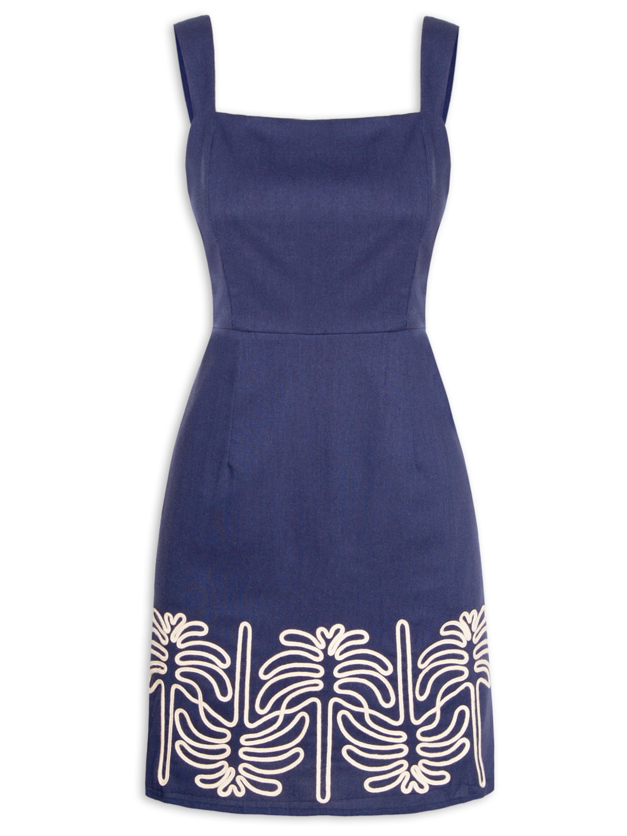 Vestido Curto Com Bordado Na Barra e Bolsos Laterais - Azul