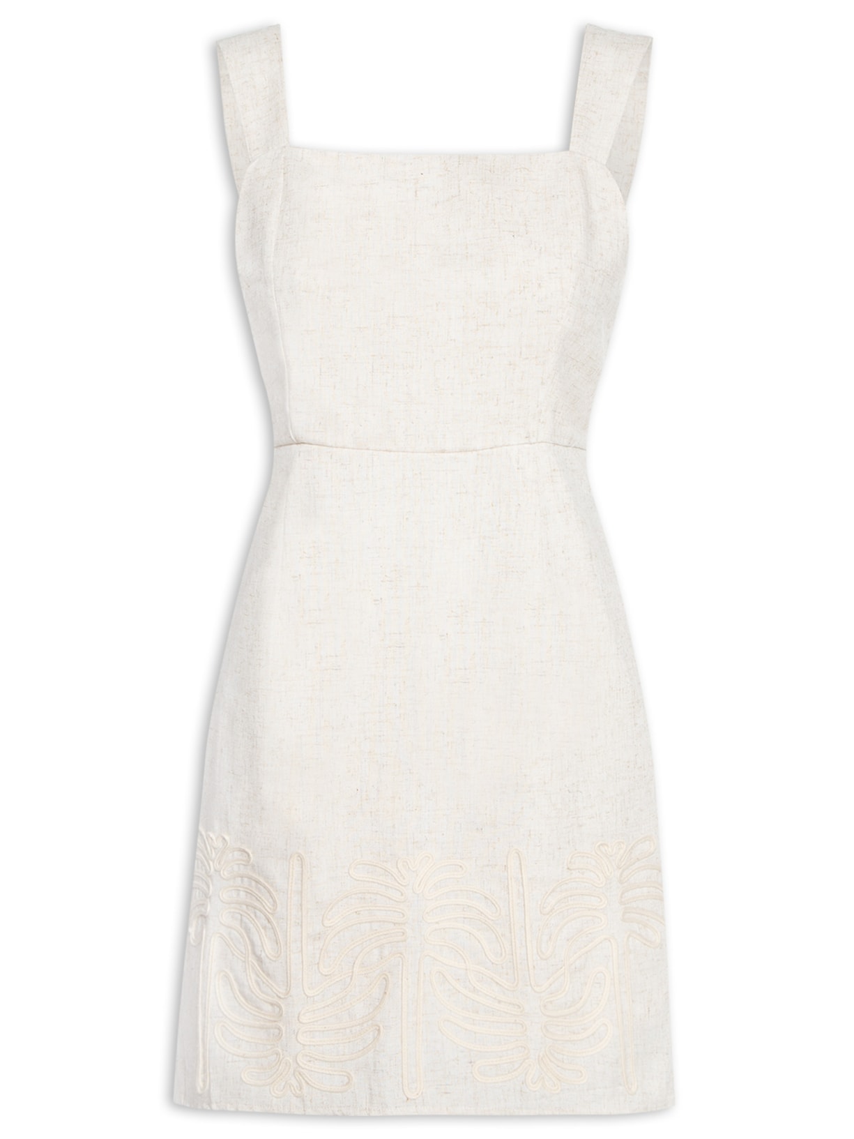 Vestido Curto Com Bordado Na Barra e Bolsos Laterais - Bege