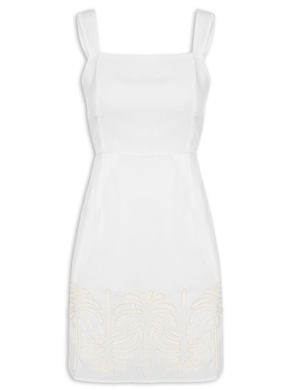Vestido Curto Com Bordado Na Barra e Bolsos Laterais - Off White
