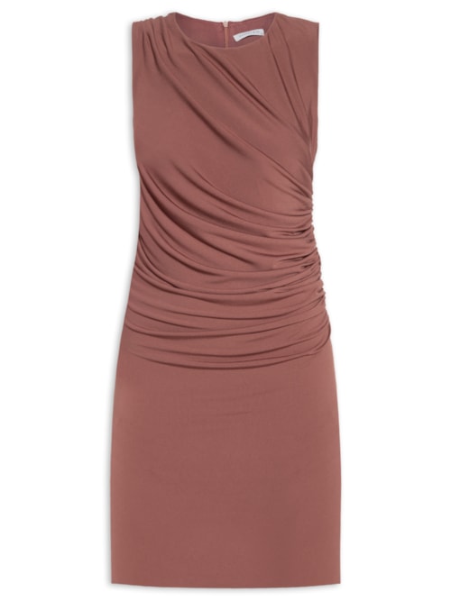 Vestido Curto Com Drapeado Lateral - Marrom