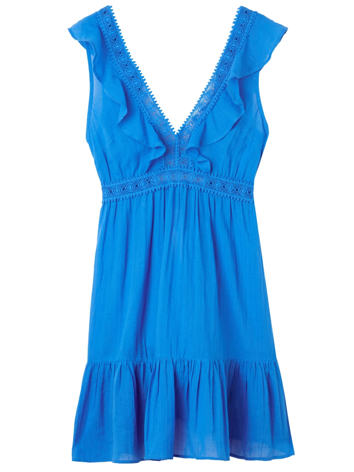 Vestido Curto Com Folhos e Passamanaria - Azul