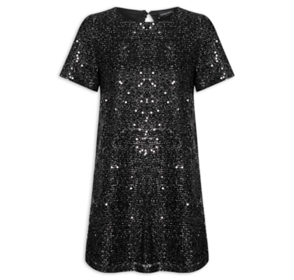 Vestido Curto Com Manga Curta Em Paetê - Preto