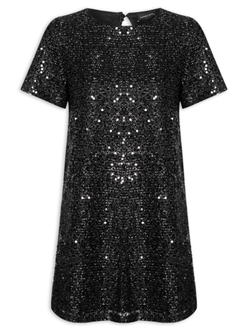 Vestido Curto Com Manga Curta Em Paetê - Preto