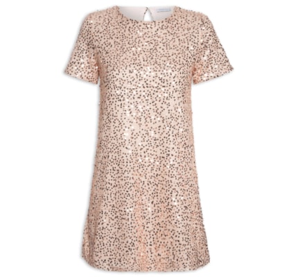 Vestido Curto Com Manga Curta Em Paetê - Rosa