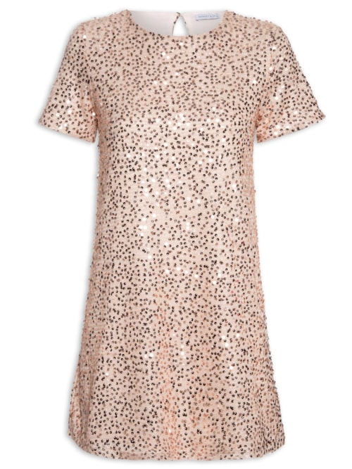 Vestido Curto Com Manga Curta Em Paetê - Rosa
