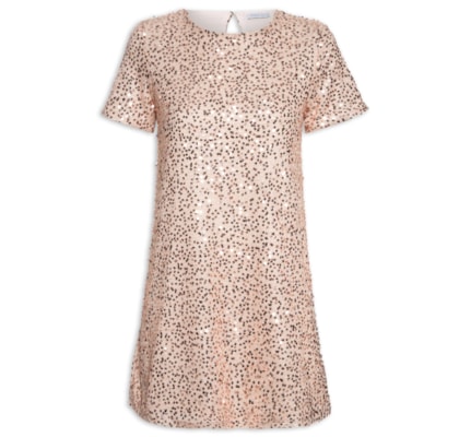 Vestido Curto Com Manga Curta Em Paetê - Rosa