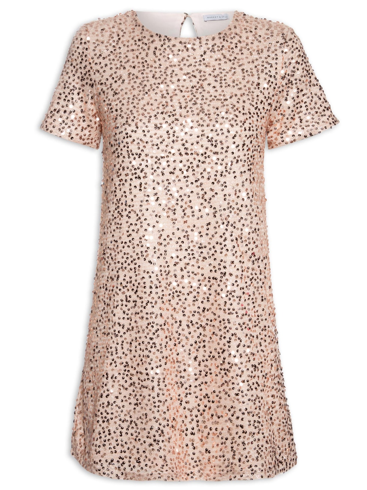 Vestido Curto Com Manga Curta Em Paetê - Rosa