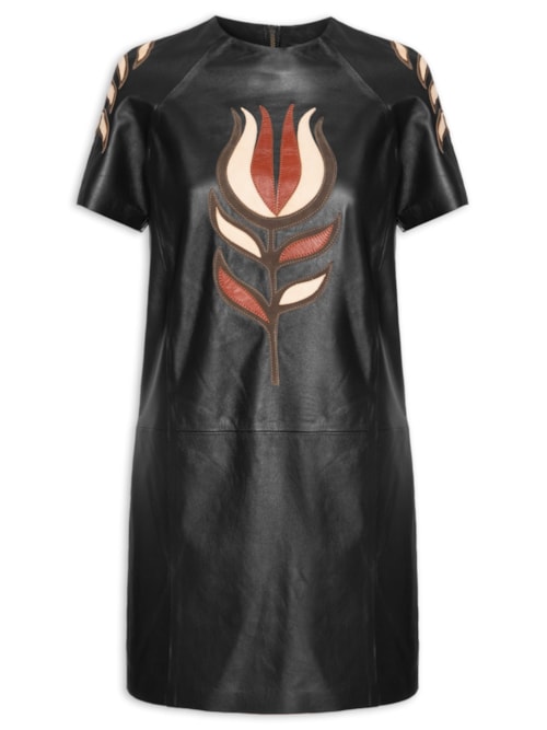Vestido Curto de Couro Flor – Preto