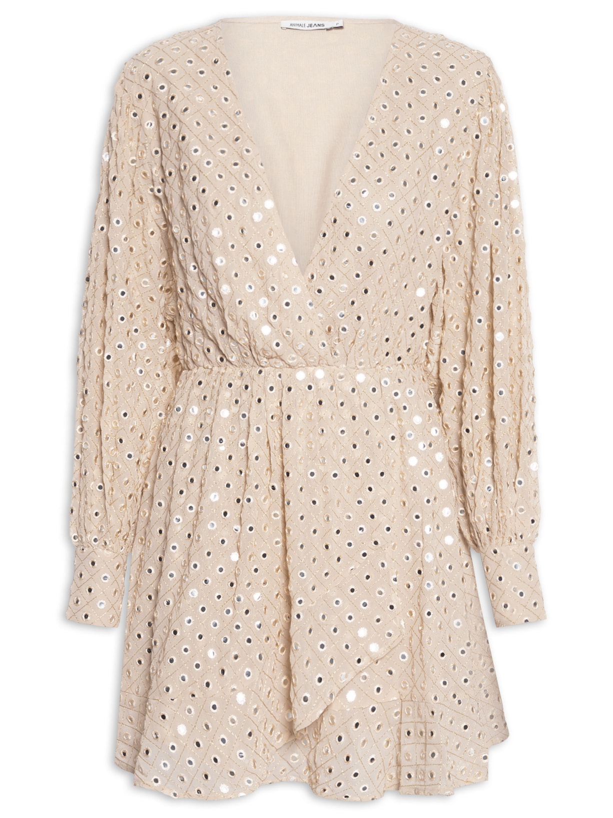 Vestido Curto De Georgete Bordado Barra - Bege