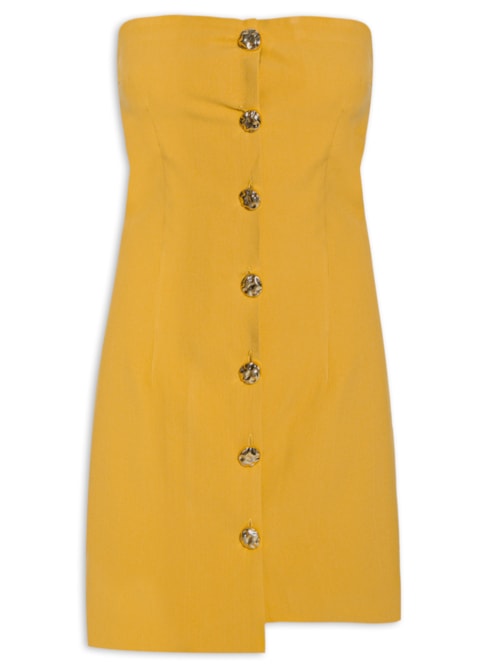 Vestido Curto Decote Reto Em Crepe Transpasse - Amarelo