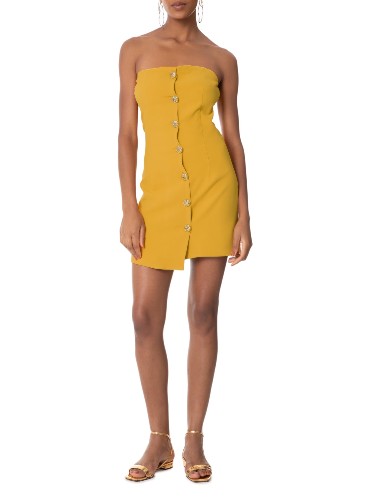 Vestido Curto Decote Reto Em Crepe Transpasse Amarelo  '2Essential