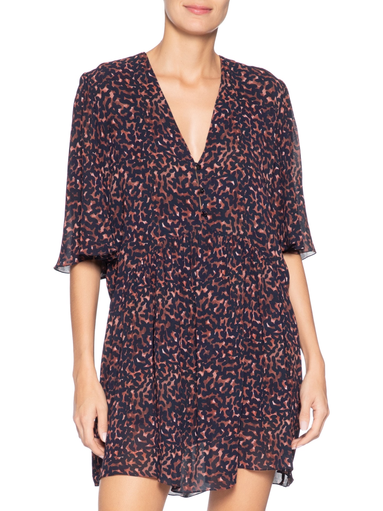 Vestido Curto Decote V Estampado – Marrom Animale