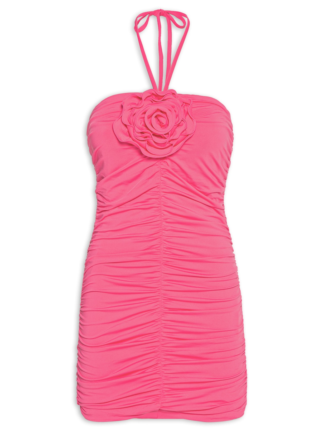 Vestido Curto Drapeado com Aplicação de Flor - Rosa