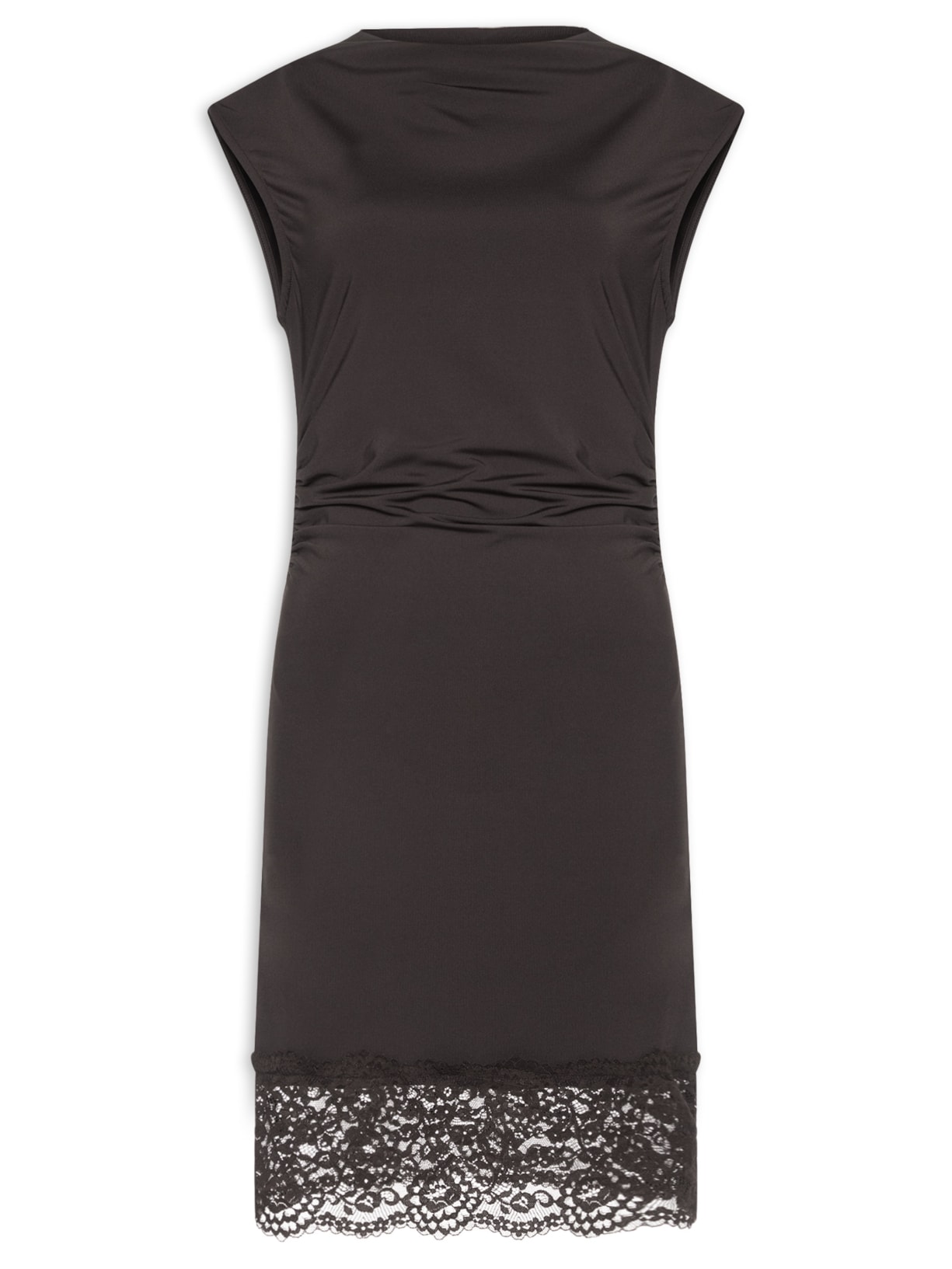 Vestido Curto Drapeado Com Barra De Renda Marrom Market 33