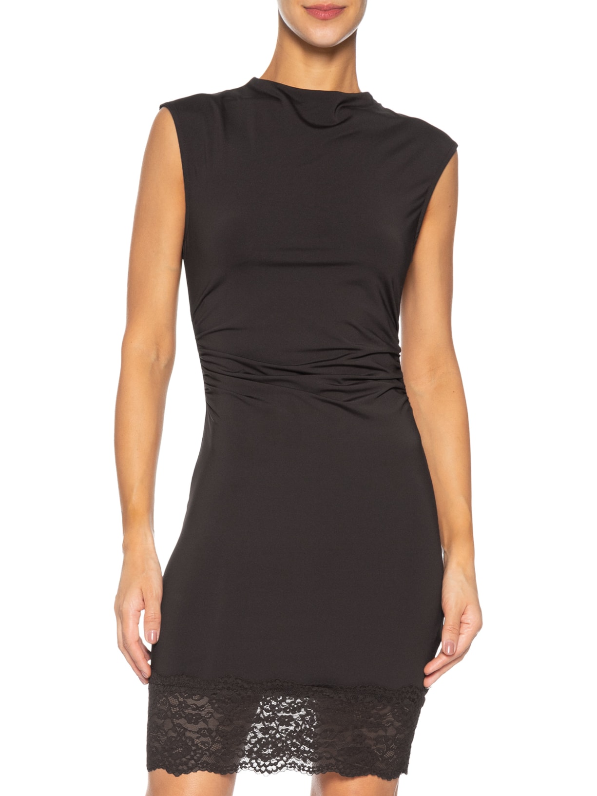 Vestido Curto Drapeado Com Barra De Renda Marrom Market 33
