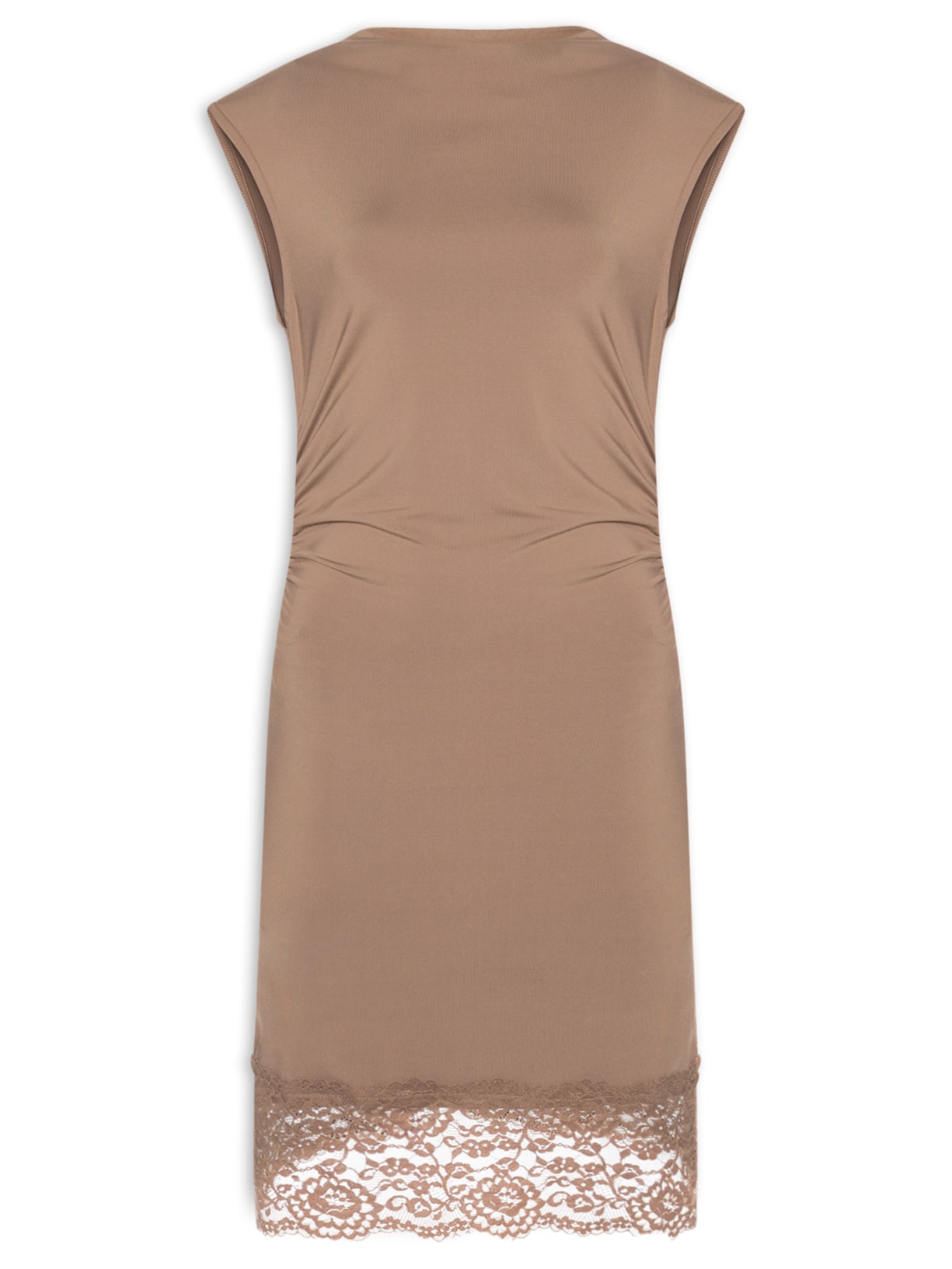 Vestido Curto Drapeado Com Barra De Renda Marrom Market 33