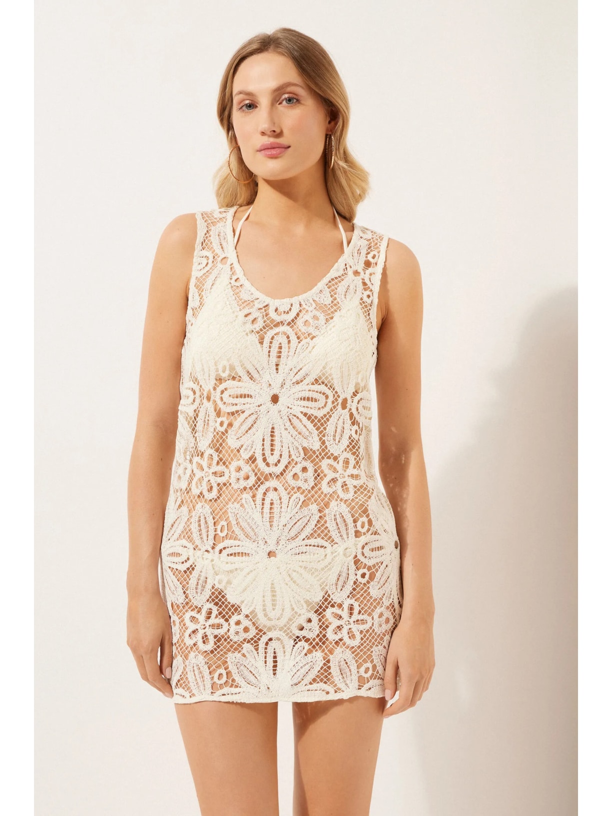 Vestido Curto Em Crochê Floral Off-White Calzedonia