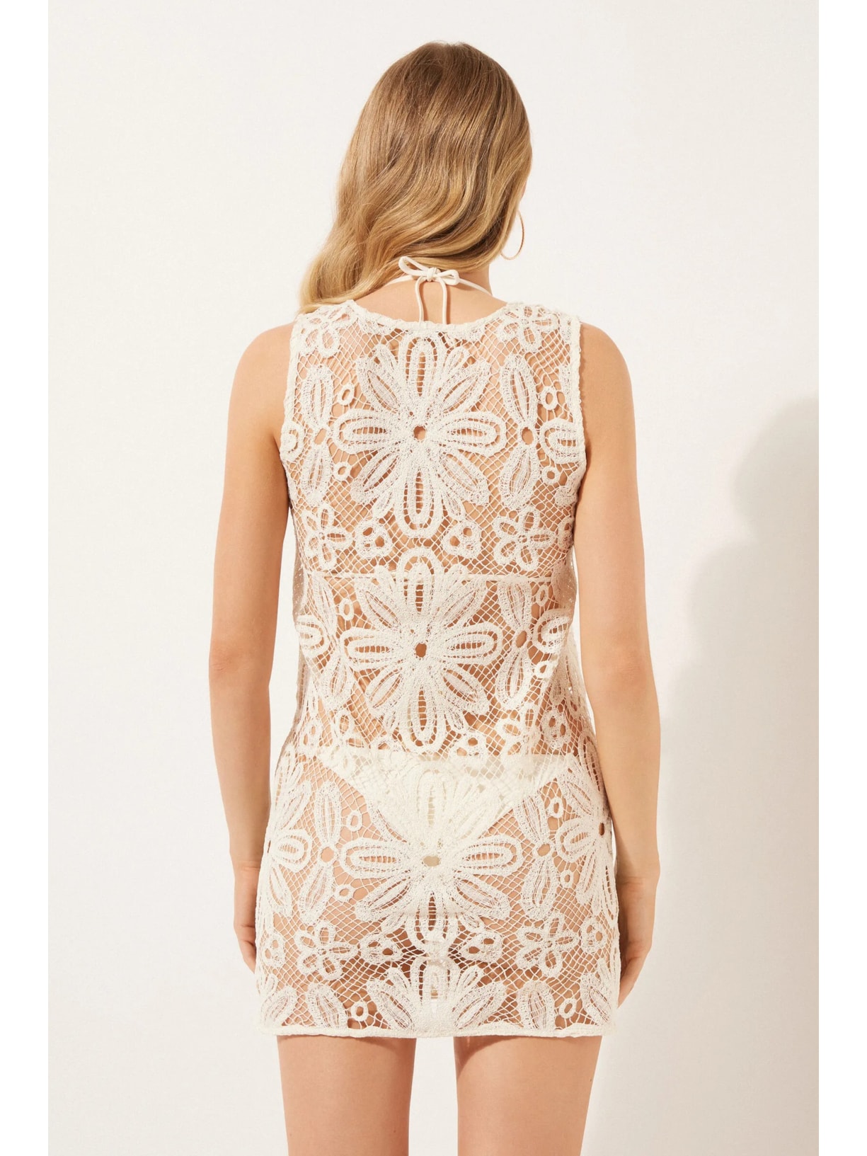 Vestido Curto Em Crochê Floral Off-White Calzedonia