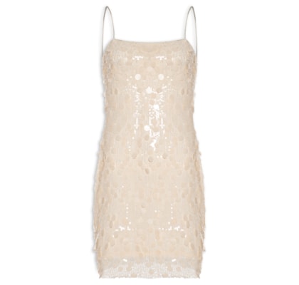 Vestido Curto Em Paetê - Bege