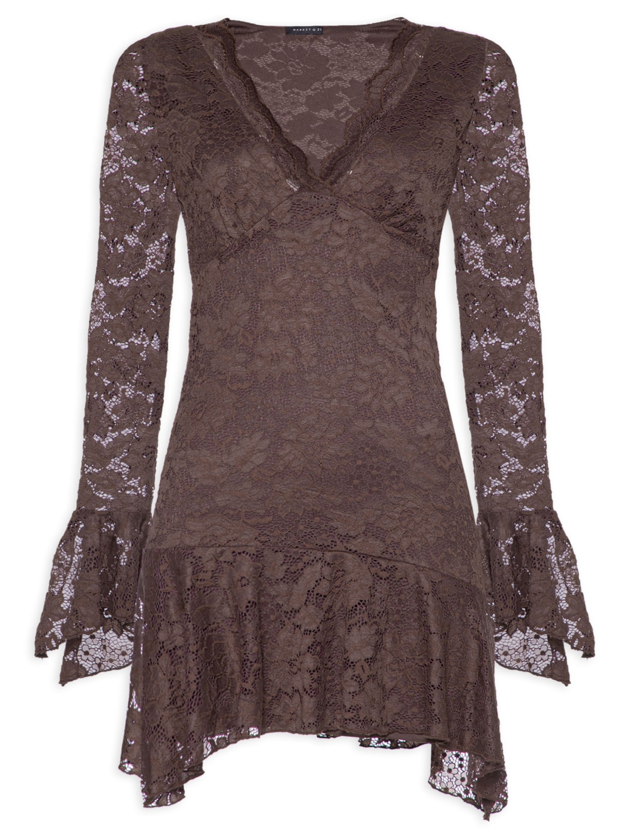 Vestido Curto Em Renda Marrom Market 33