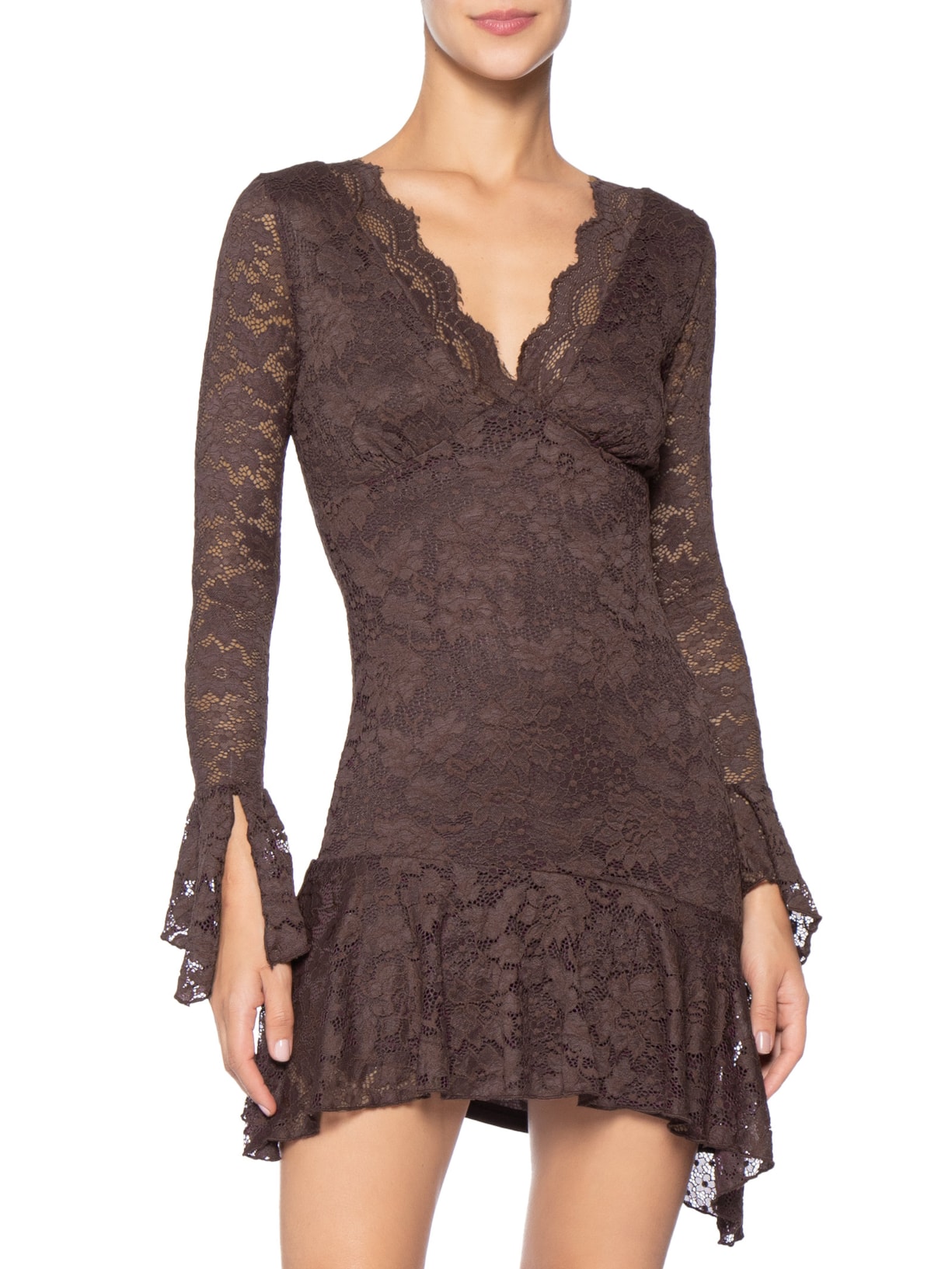 Vestido Curto Em Renda Marrom Market 33