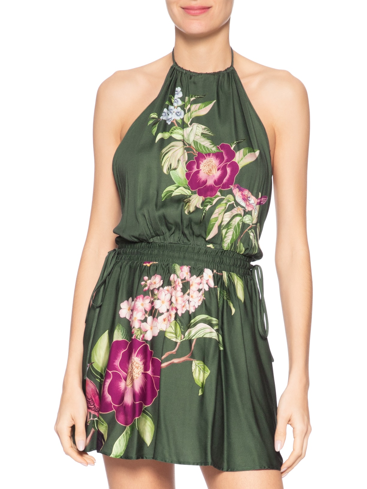 Vestido Curto Flor de Pássaro Verde Farm