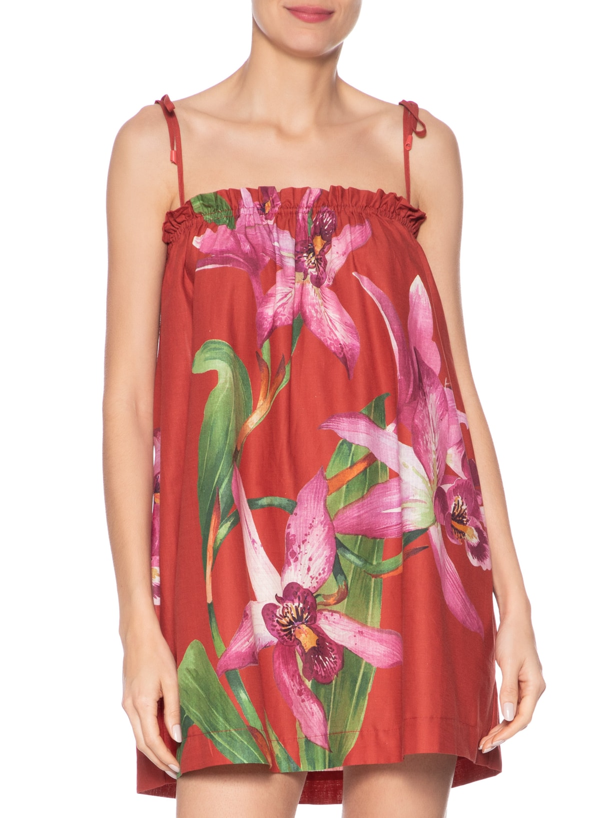 Vestido Curto Floral Orquídea Vermelho Farm