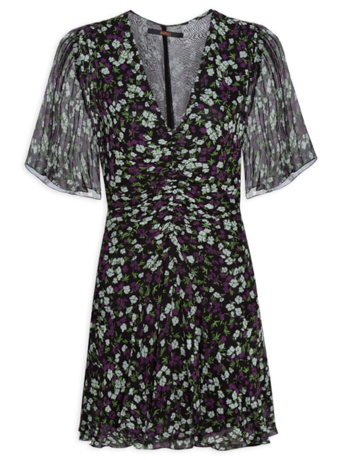 Vestido Curto Franzido Floral Jardim - Preto