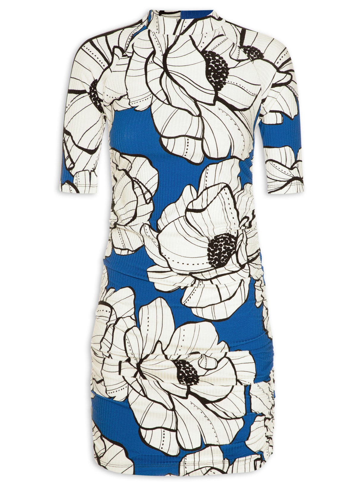 Vestido Curto Franzido Floral Paulo - Azul