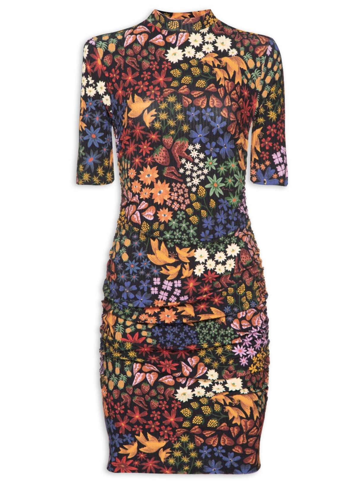 Vestido Curto Franzido Jardim De Morango - Preto