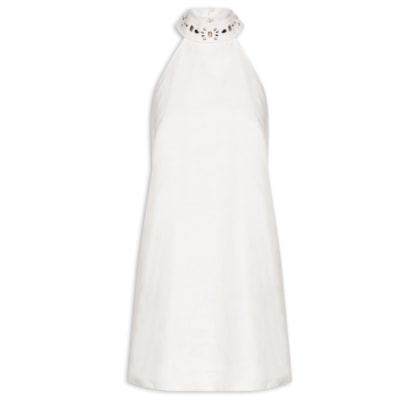 Vestido Curto Gola Cristais - Branco