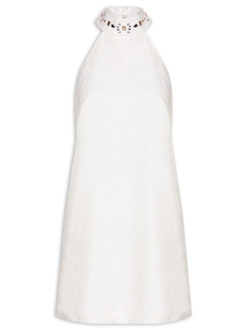 Vestido Curto Gola Cristais - Branco