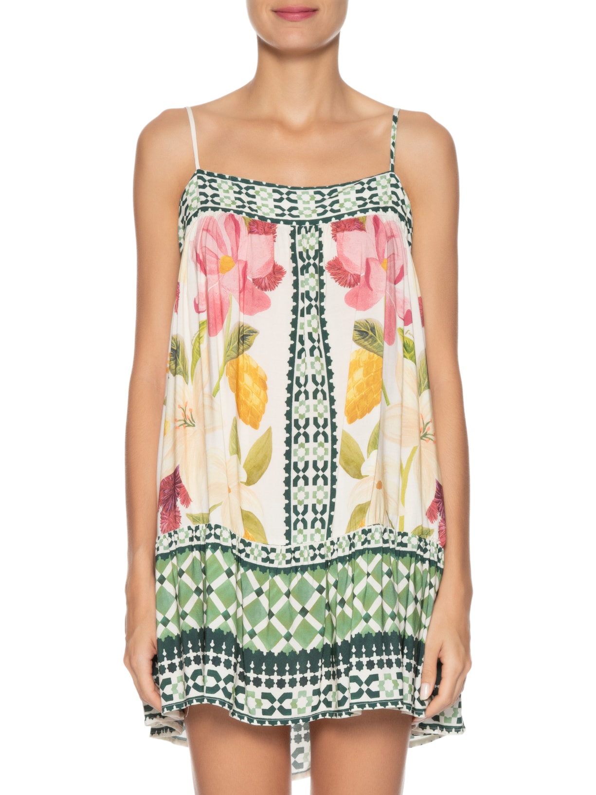 Vestido Curto Lenço Floral Biriba Verde Farm