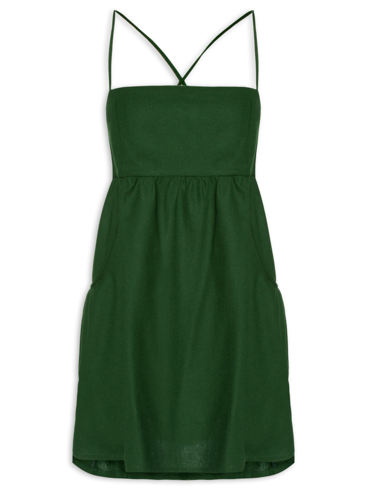 Vestido Curto Linho Bolsos Laterais - Verde