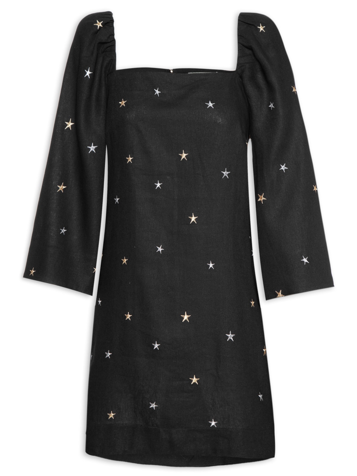 Vestido Curto Linho Bordado Estrela Lurex - Preto