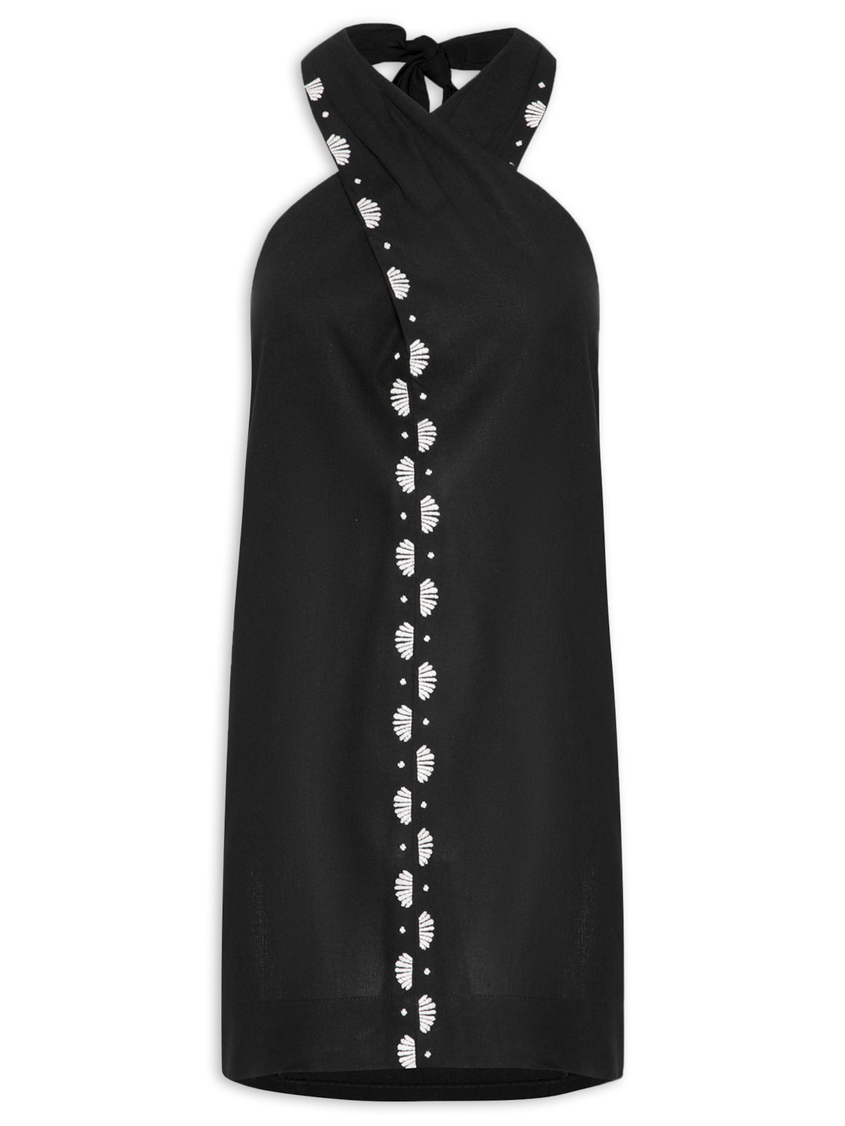 Vestido Curto Linho Bordado - Preto