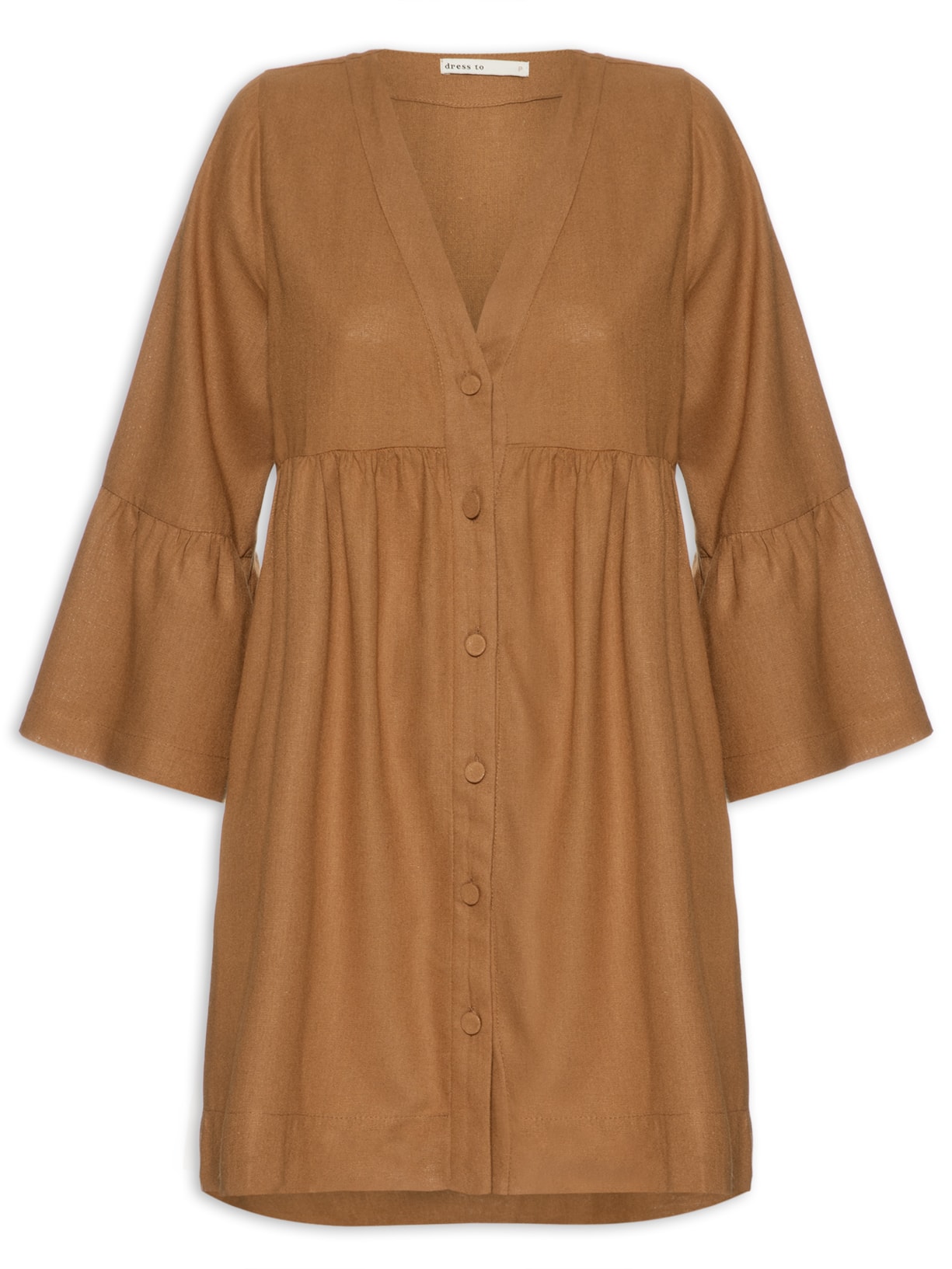 Vestido Curto Linho Frente Botões - Marrom