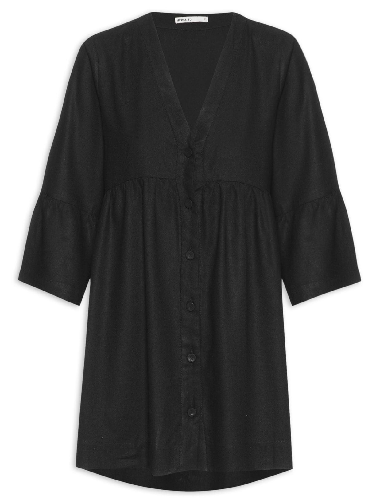 Vestido Curto Linho Frente Botões - Preto