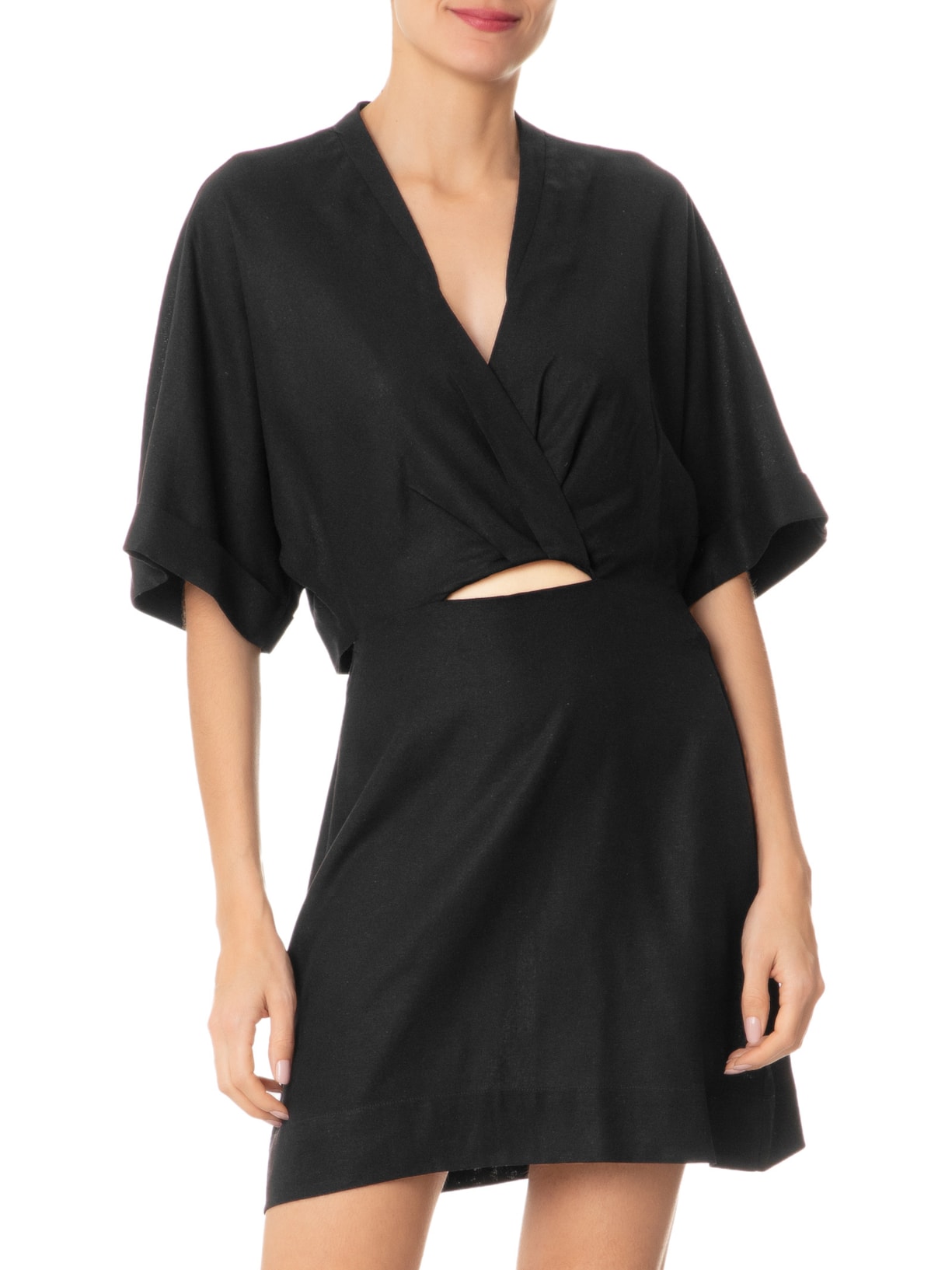 Vestido Curto Linho Manga Preto Dress To