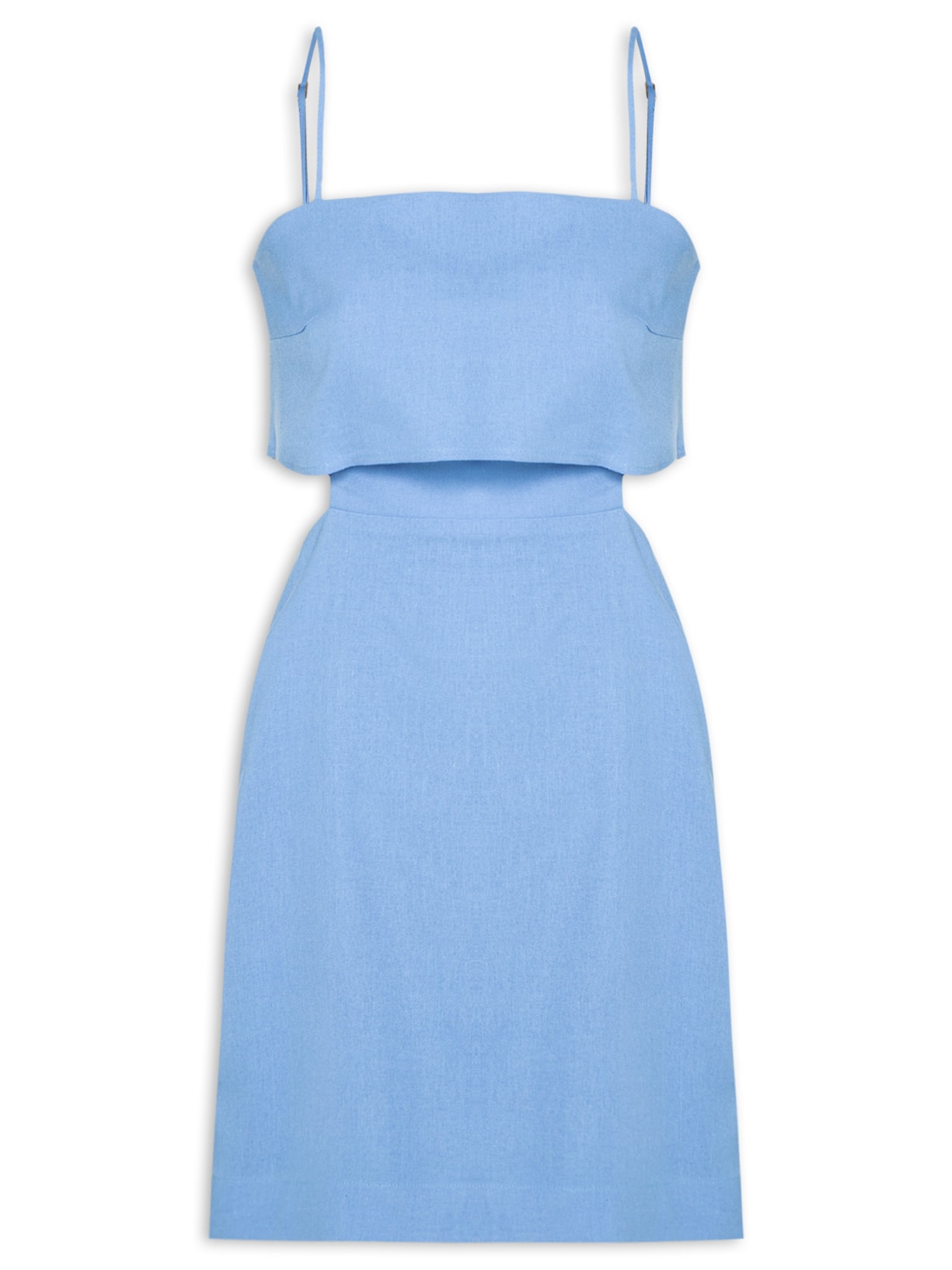 Vestido Curto Linho Recorte Lateral - Azul