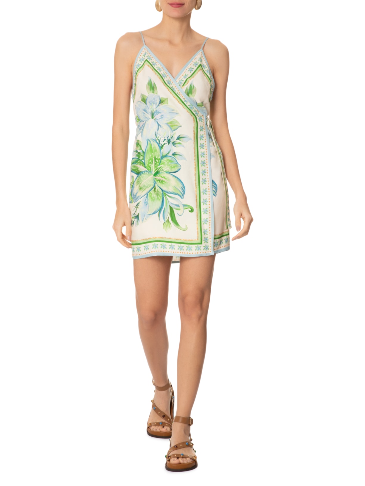 Vestido Curto Lírio Tropical Lenço Off White Farm