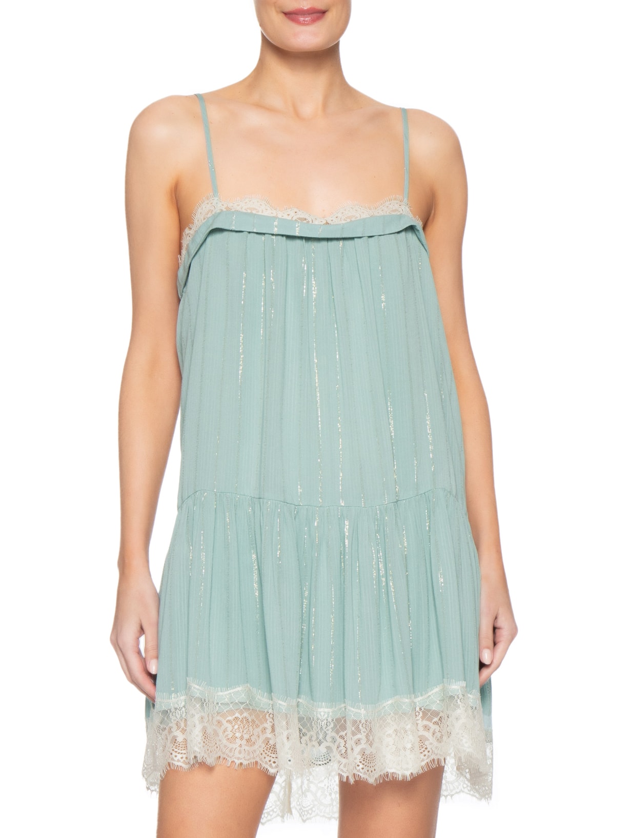 Vestido Curto Lurex Com Renda Verde Dress To